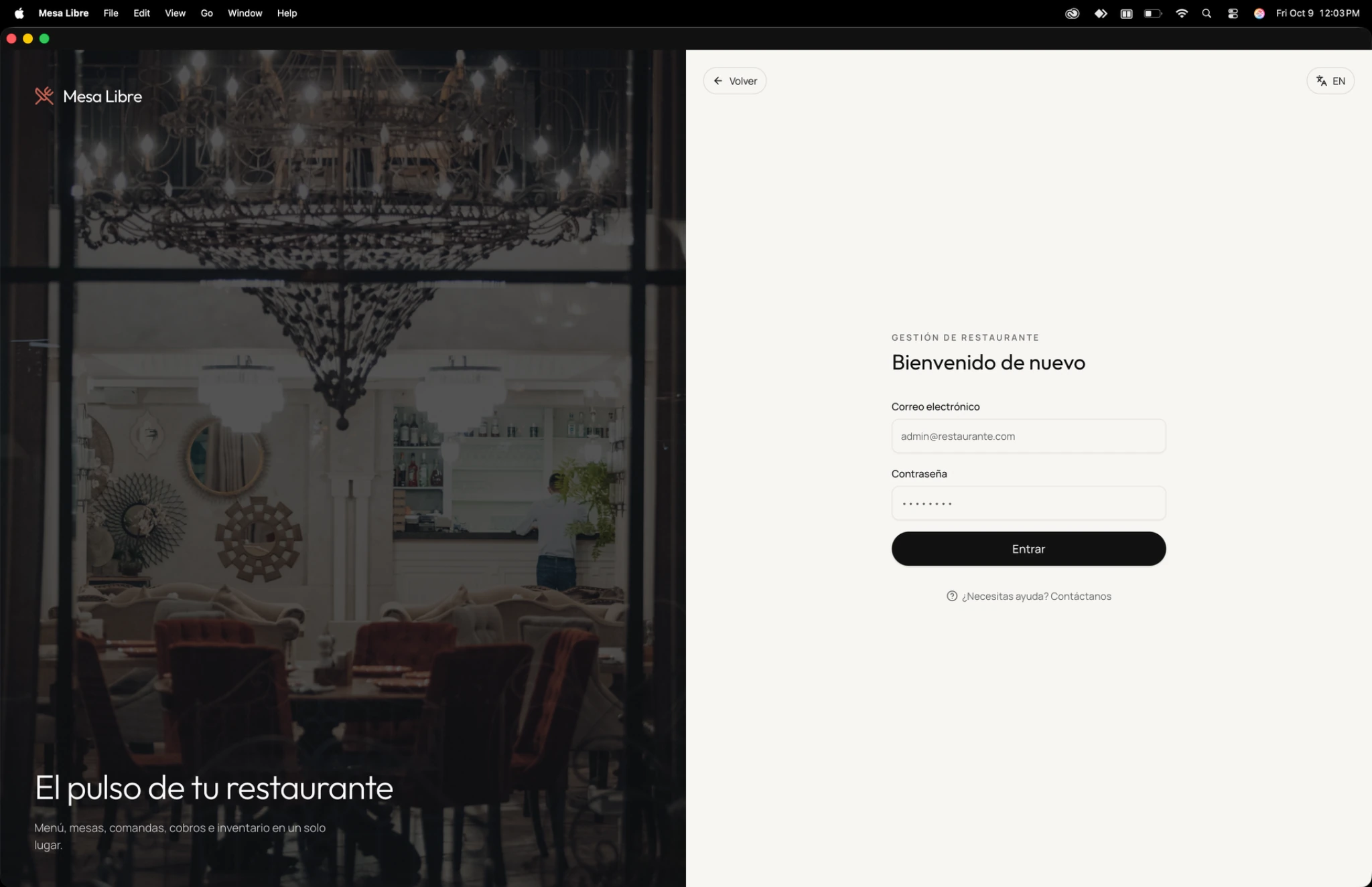 Pantalla real de Mesa Libre: Portal de ingreso para restaurantes